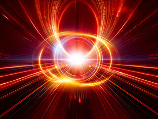 Obraz premium Abstract fiery image with a bright central light source. Radiating lines and oval shapes create a dynamic and energetic composition. The colors are predominantly red, orange, and yellow, suggesting 