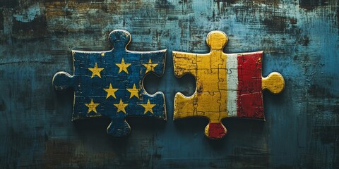 European union and belgium flags painted on two puzzle pieces representing trade partnership
