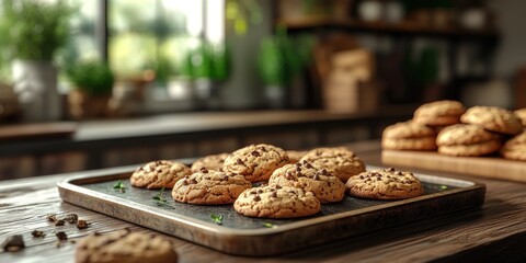 Delicious Homemade Chocolate Chip Cookies on Rustic Wooden Tray