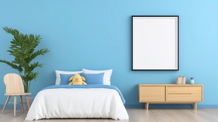 Serene Bedroom Interior with Blue Walls and Playful Stuffed Toy Decor