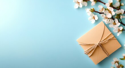 Small handcrafted envelope with delicate string on table, light blue background