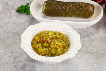 Souce gherkin relish with marinated cucumbers