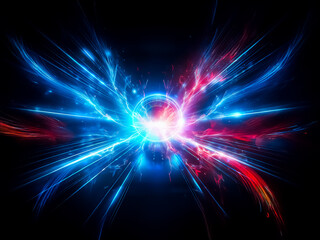 Obraz premium A central orb of energy erupts with vivid blue and red light, casting streaks outward. A dynamic display of abstract power against a stark, dark background.