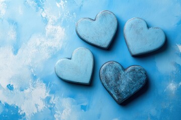 Obraz premium Four textured blue hearts sit on a painted blue surface