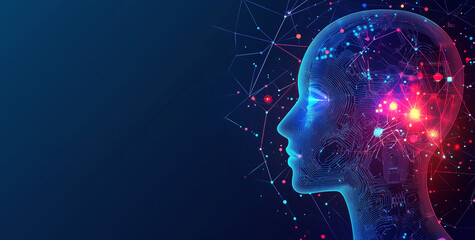 Artificial Intelligence Concept, Human Head with Digital Cyborg's Face and Futuristic Tech Background.