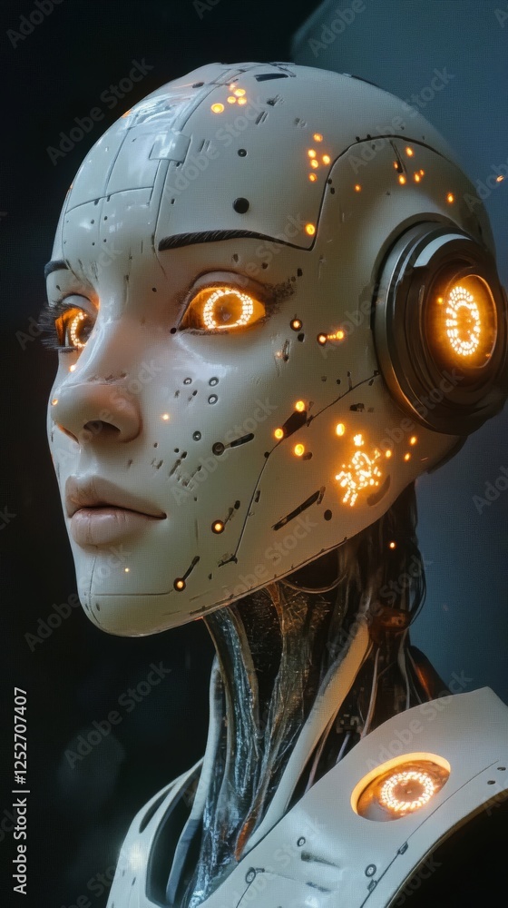 Poster advanced humanoid robot with glowing eyes in a futuristic environment