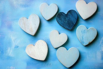 Fototapeta premium Wooden hearts painted in various shades of blue on canvas
