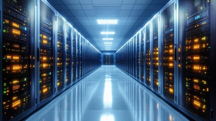 Advanced server room illuminated with blue and orange lights in a modern data center highlighting technology and connectivity