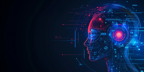 Artificial Intelligence Concept, Human Head with Digital Cyborg's Face and Futuristic Tech Background.