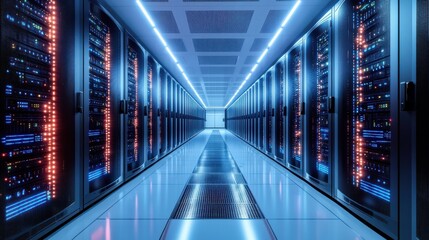 Data center features rows of server racks illuminated by blue lights, providing a high-tech environment for data storage and processing
