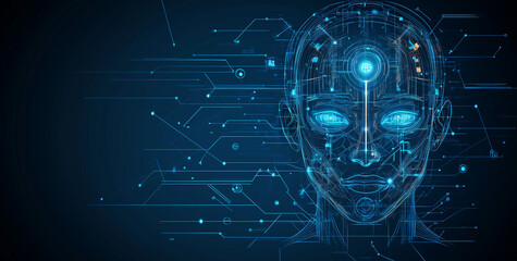 Artificial Intelligence Concept, Human Head with Digital Cyborg's Face and Futuristic Tech Background.