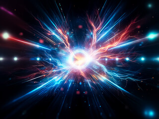 Naklejka premium Dynamic energy core explodes outwards in a vibrant display. Blue and red light rays emanate from a central point, creating a powerful and abstract visual impact.