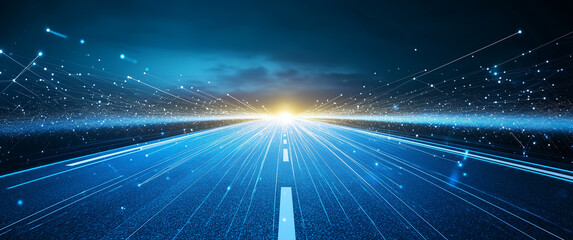 Blue technological background, a perspective road in the center of the picture with light effects and light lines on both sides. In the foreground is an empty blue field with geometric patterns at its