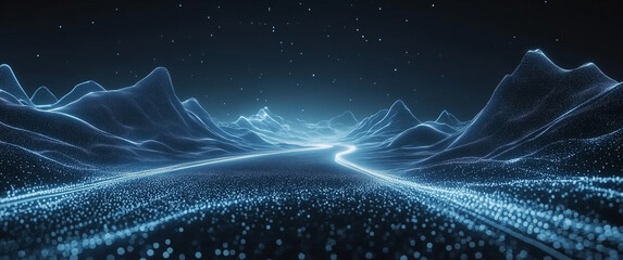 Blue technological background, a perspective road in the center of the picture with light effects and light lines on both sides. In the foreground is an empty blue field with geometric patterns at its