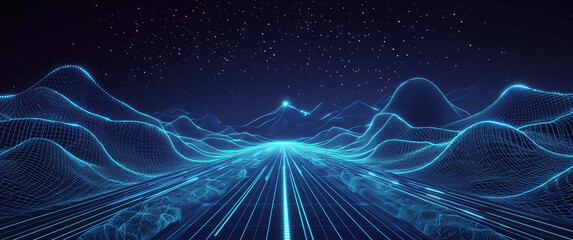 Blue technological background, a perspective road in the center of the picture with light effects and light lines on both sides. In the foreground is an empty blue field with geometric patterns at its