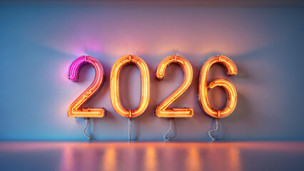 2026 happy new year neon sign on the wall.
