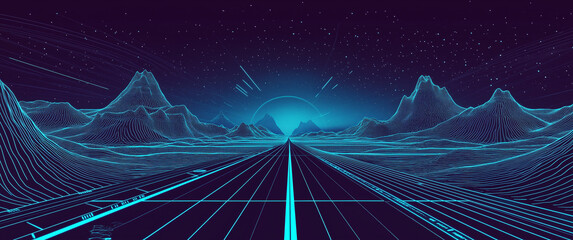 Blue technological background, a perspective road in the center of the picture with light effects and light lines on both sides. In the foreground is an empty blue field with geometric patterns at its
