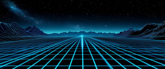 Blue technological background, a perspective road in the center of the picture with light effects and light lines on both sides. In the foreground is an empty blue field with geometric patterns at its