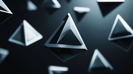 Fototapeta premium Interlocking 3D pyramids floating over a solid black background.