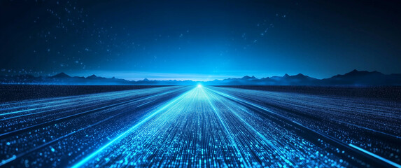 Blue technological background, a perspective road in the center of the picture with light effects and light lines on both sides. In the foreground is an empty blue field with geometric patterns at its