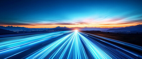 Blue technological background, a perspective road in the center of the picture with light effects and light lines on both sides. In the foreground is an empty blue field with geometric patterns at its