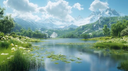 Fototapeta premium Serene Mountain Lake with Snow-Capped Peaks