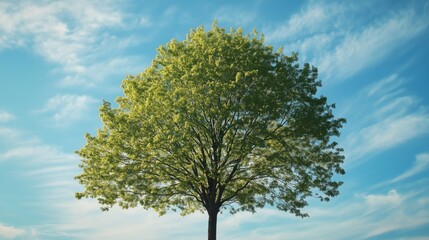 Obraz premium Majestic green tree against a blue sky with wispy clouds