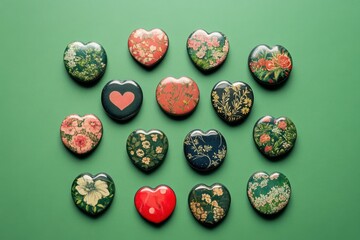 An array of heart shaped boxes with floral patterns