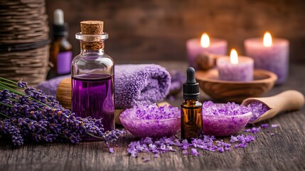 A relaxing aromatherapy facial treatment. A calming setup with lavender essential oils, candles, and soothing purple decor for relaxation and wellness.
