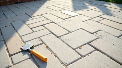 Fototapeta premium A small hand tool rests on a newly laid herringbone paved patio in the sunlight