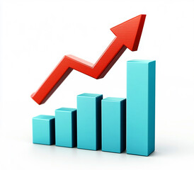 Fototapeta premium 3D render of a blue bar graph with a red arrow pointing upwards, isolated on a white background