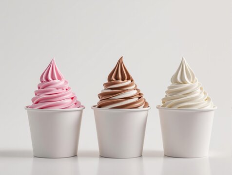 trio of swirled soft serve ice cream in strawberry chocolate vanilla flavors in white cups on plain background 3d rendering