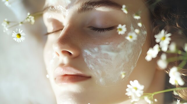 A calming sensitive skin facial treatment with soothing ingredients like chamomile and aloe vera The client is shown with a gentle mask applied to her face - Powered by Adobe