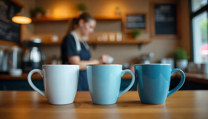 three white and blue coffee mugs on a table, Three coffee cups, created with generative ai
