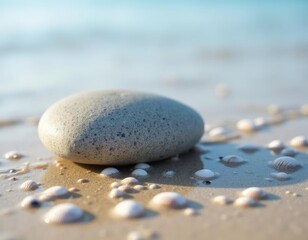 Smooth beach stone on sand with sea shells and ocean water on a sunny day