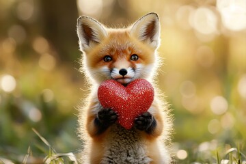 Obraz premium Promotion animal creative artwork. Fox - my desired animal. Cute fox baby with sparkling rhinestones red heart on in a natural habitat. Wildlife in a romantic setting. Love in the forest.