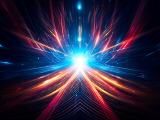 Fototapeta premium A vibrant burst of light, blue and gold streaks radiate outwards from a central point, creating a dynamic, energetic composition. The dark background emphasizes the luminescence.