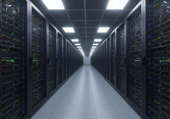 Fototapeta premium Data Center Server Room Rows of Server Racks and LED Lighting Tech