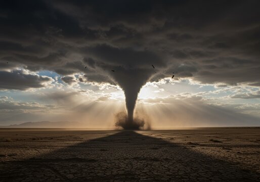 Dramatic Tornado with Sunset Landscape Sky Strong Severe Weather Event
