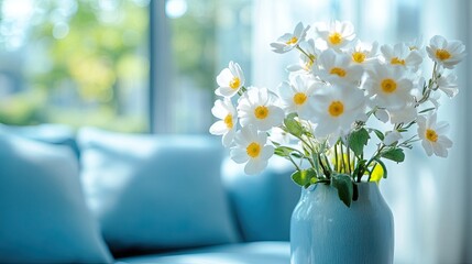 A bright and modern blue living room, with a blurred panoramic view outside, features a cozy sofa and decorative flowers, offering a refreshing and serene interior space. 