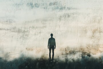 Man contemplates vast, textured wall, misty ground, uncertainty