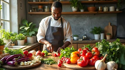 African-American chef preparing vegetables in a rustic kitchen