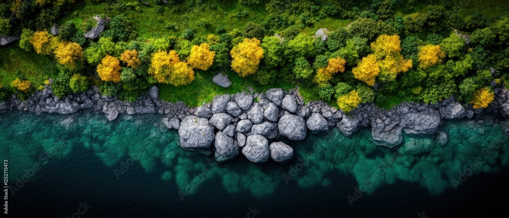 Poster aerial view of a river surrounded by trees and rocks with a sea in the background