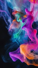Colorful abstract smoke swirling in dark background, vibrant and ethereal art concept