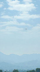 Serene Landscape Illustration: Bird in Sky over Misty Mountains