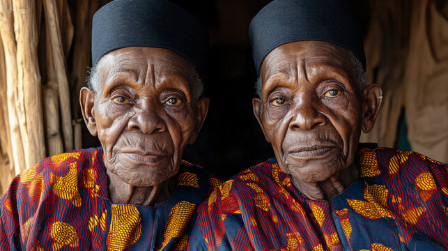 Nigerian elderly twin women traditional agbada gele cultural attire regal intricate embroidery rich heritage portrait unity African beauty pride travel folk family bond duo love exotic noble fabric