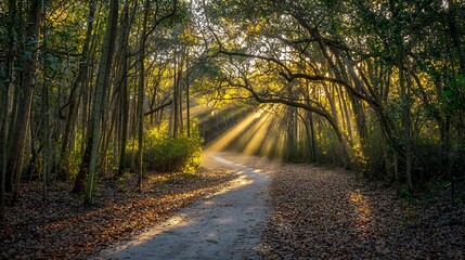 Naklejka premium Sunlight streams through trees in forest illuminating the path of a small trail