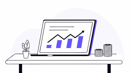Obraz premium A digital device on a desk displays a bar and line graph showing an upward trend. Nearby, a small plant and stacks of coins suggest financial growth or investment themes.AI