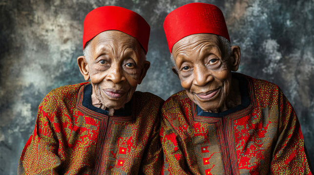 Nigerian elderly twin women traditional agbada gele cultural attire regal intricate embroidery rich heritage portrait unity African beauty pride travel folk family bond duo love exotic noble fabric