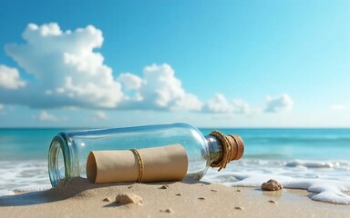 Glass Bottle with Rolled-up Piece of Paper Lying on Sandy Beach.
